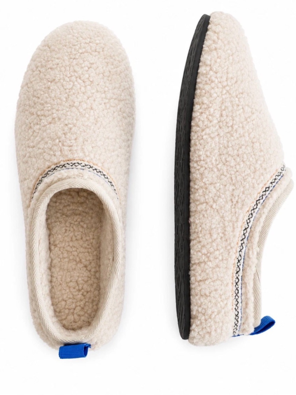 Bombas Cream Sunday slippers Sherpa Slip-Ons with Blue Pull Tab